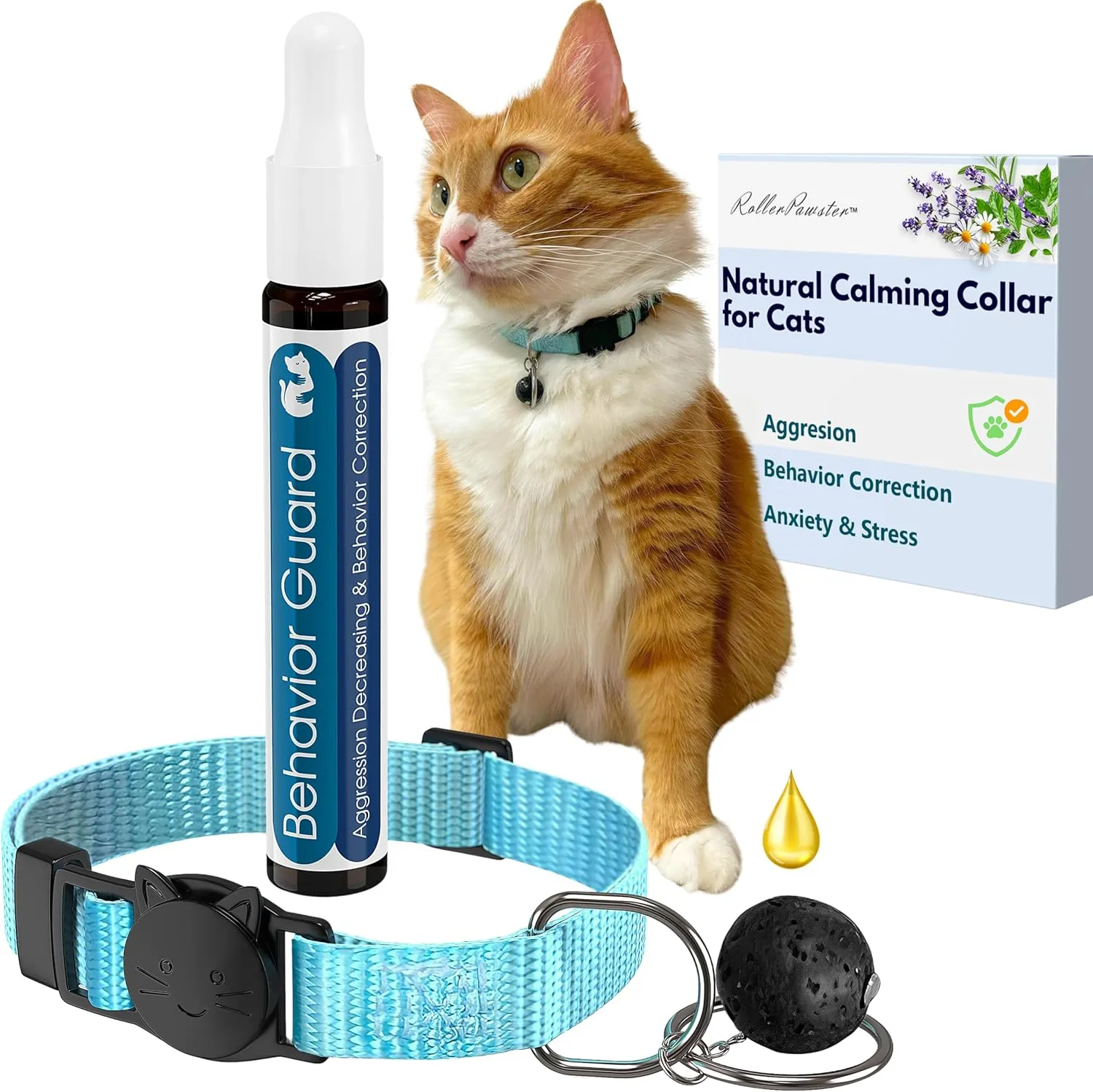 Cat Aggression Relief Calming Collar with Essential Oils, Natural Rock Diffuser, Breakaway Pet-Safe Collar for Cat Anxiety Felief, Vet-Approved (Myrrh)