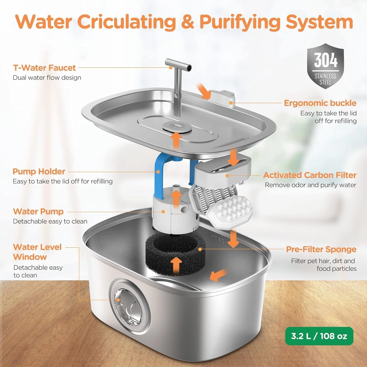 Cat Water Fountain Stainless Steel: 108oz/3.2L Automatic Pet Water Fountain Dog Water Dispenser with Water Level Window - for Cats Inside