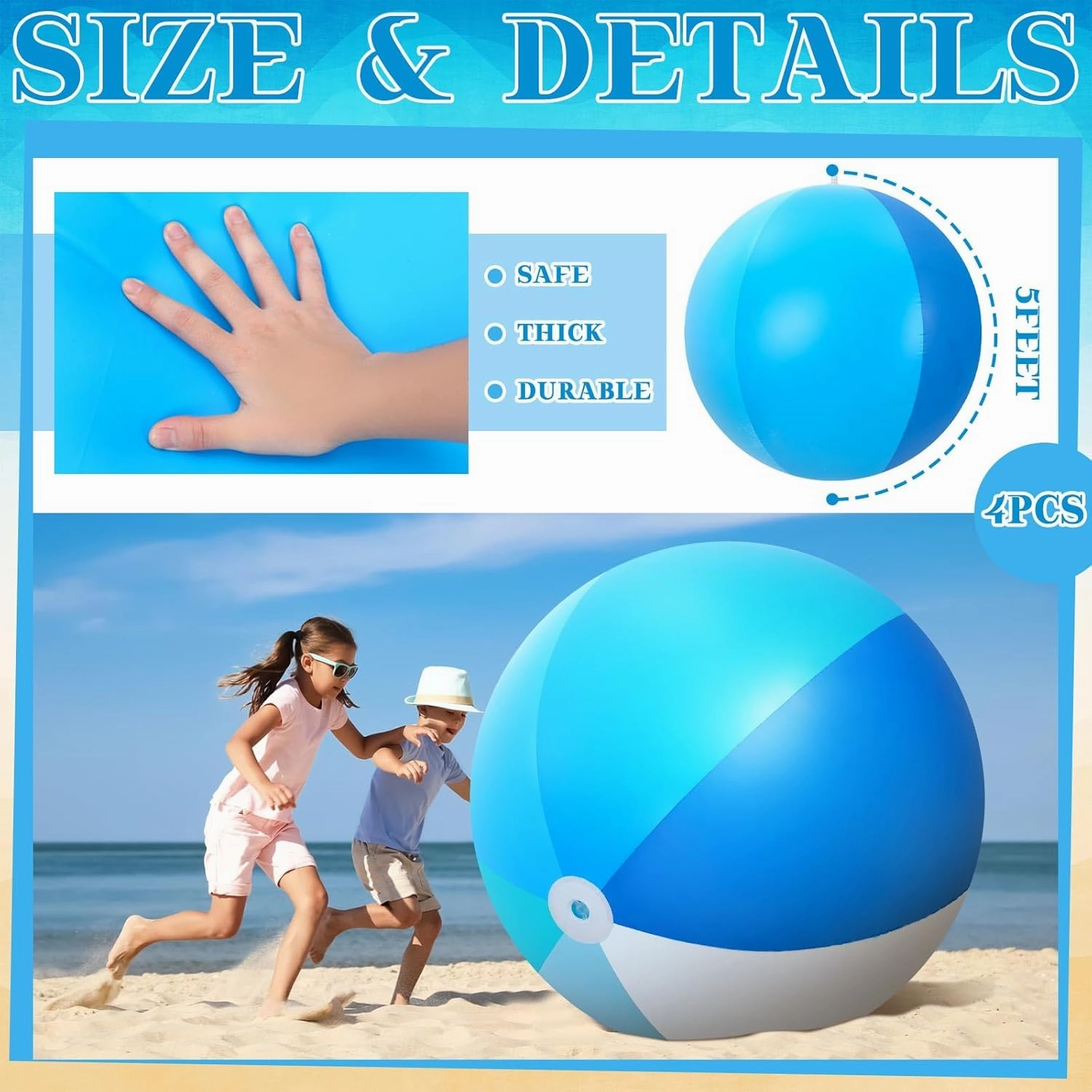 Ceenna 4 Pcs Inflatable Large Beach Ball 5 Feet Giant Pool Toy Balls Summer Swimming Toys Parties PVC Plastic Jumbo Ball for Adult Family Pool Float Birthday Game Decoration
