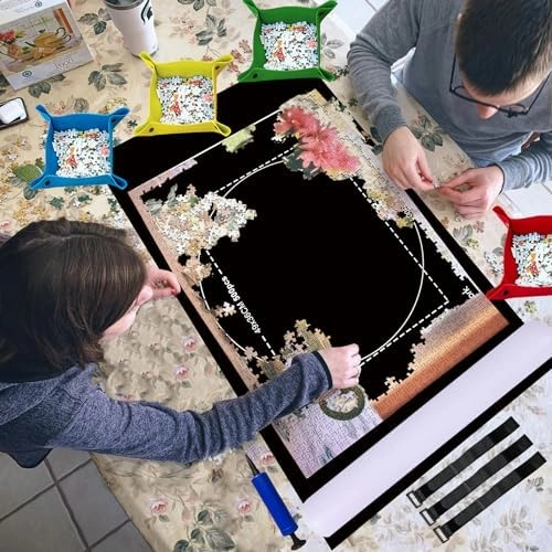 Celawork 1000 Pieces Puzzle mat roll up with Puzzle Sorting Trays,Jigsaw Puzzle Accessories for Puzzles Storage and Saver, Jigsaw Puzzle mat for Adult