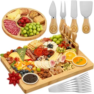 Charcuterie Boards Premium Gift Set - 15 Pieces, Bamboo - Large Cheese Board Plus Fruit Tray for Birthday Party Present w/Magnetic Cheese Knives Holder, Fruit Forks & Ceramic Condiment Dishes