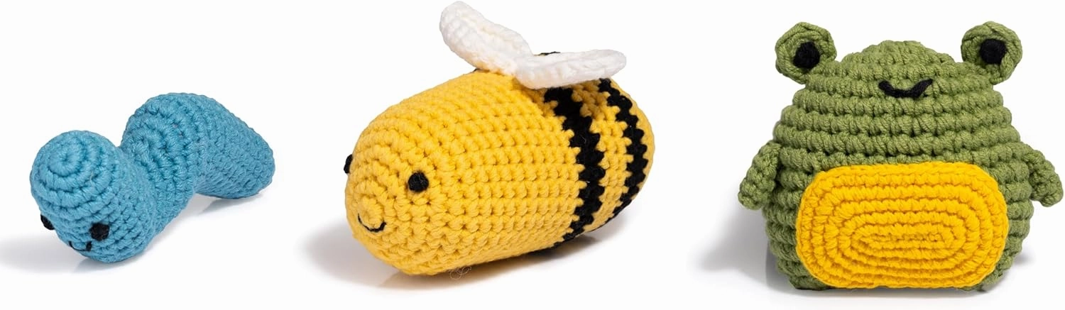 Charming Crocheted Garden Animal Trio - Adorable Handcrafted Stuffed Worm, Bee, and Frog - Perfect for Play and Learning
