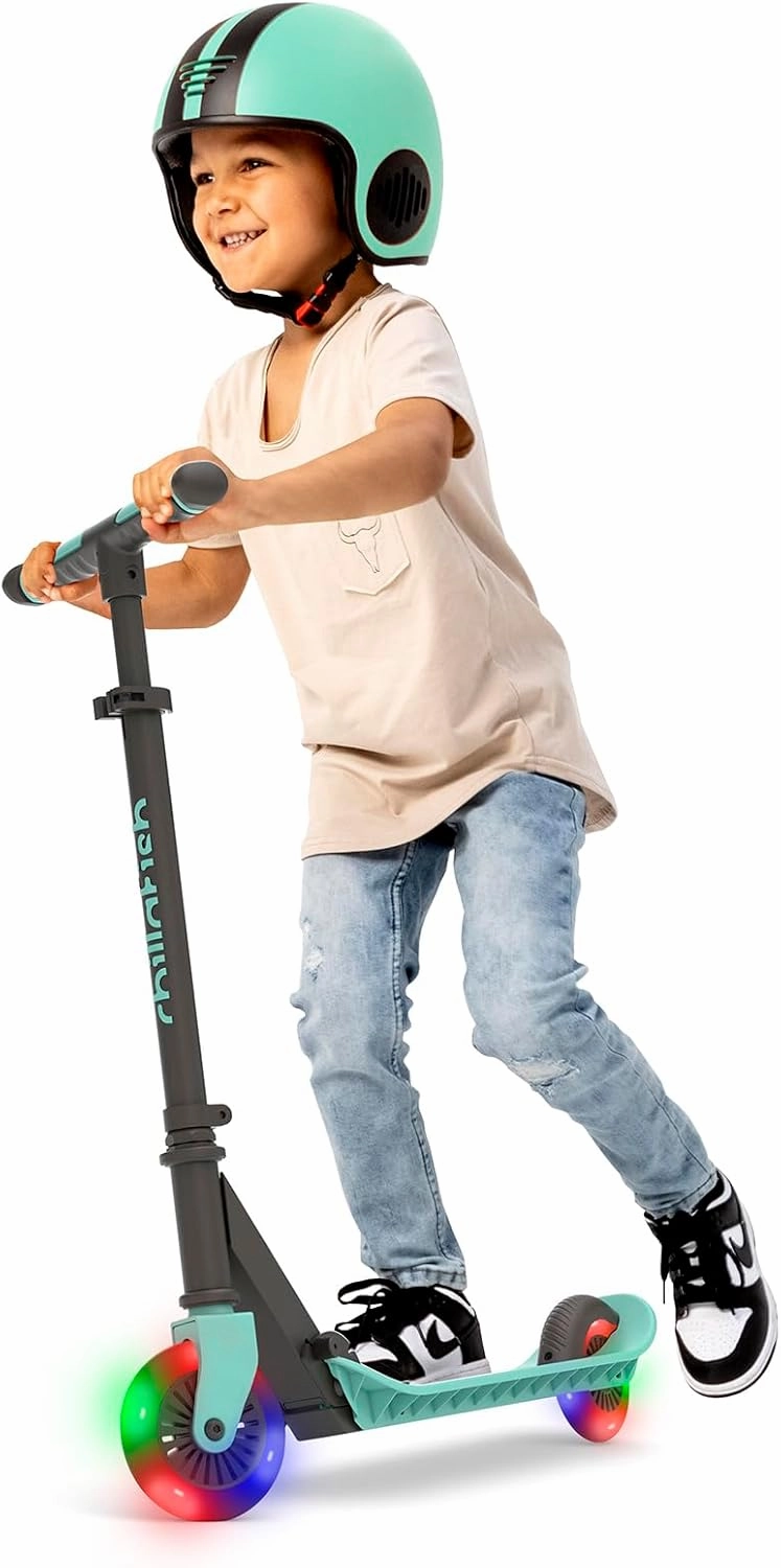 Chillafish Flexxi Mini Glow Foldable 2-Wheeled Scooter with Light-up Wheels, Integrated Brake, Adjustable and Foldable Handlebar, for Kids 5 Years and up, Mint