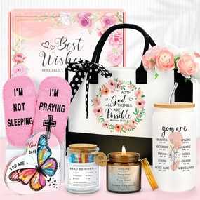 Christian Gifts for Women Faith Based Gift Inspirational Gifts for Women Birthday Unique Catholic Gift Bible Accessories Inclue Bible Verse Jar Butterfly Decorations Socks Glass Can Candles Tote Bag