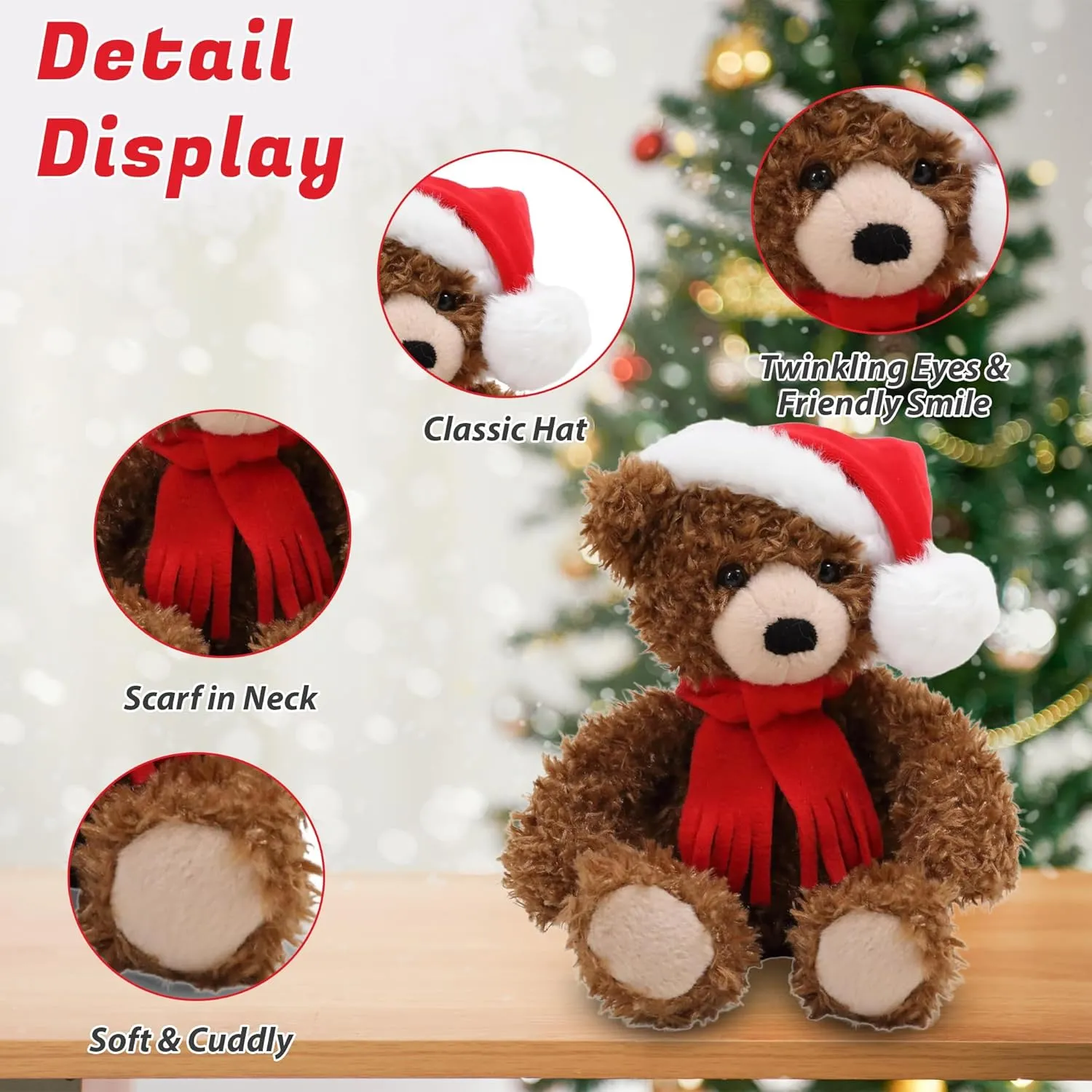 Christmas Junior Teddy Bear Stuffed Animal - Adorable Xmas Plush Toy with Hat and Scarf - Soft and Cuddly Winter Companion for Kids and Seniors - 10 inch (Mocha)