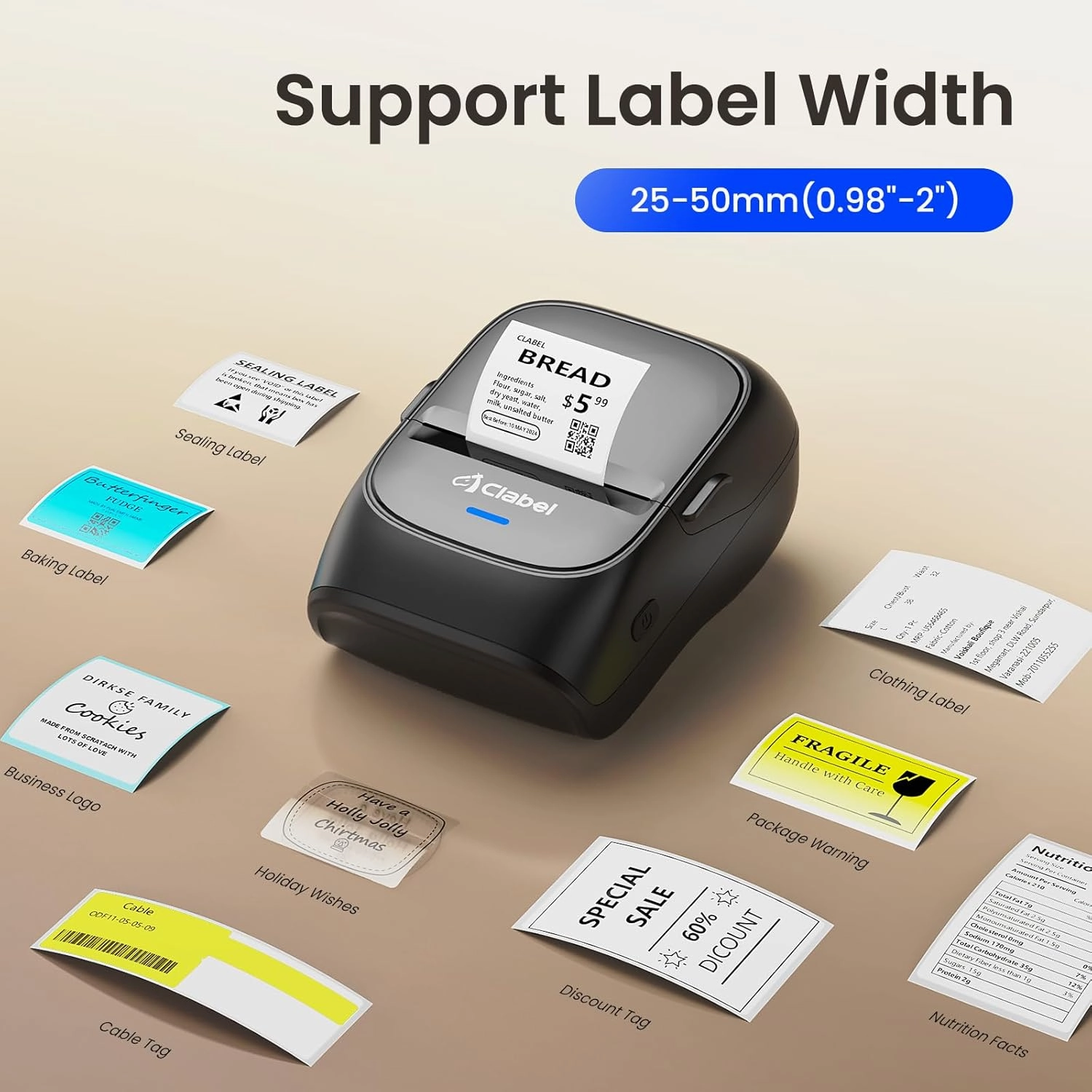 CLABEL Thermal Label Maker Machine: 221B Bluetooth Label Maker Machine with Tape Mini Sticker Printer Barcode Printer Compatible with Smartphone with 3 Roll 40x30mm,50x30mm,50x80mm Label (Black)