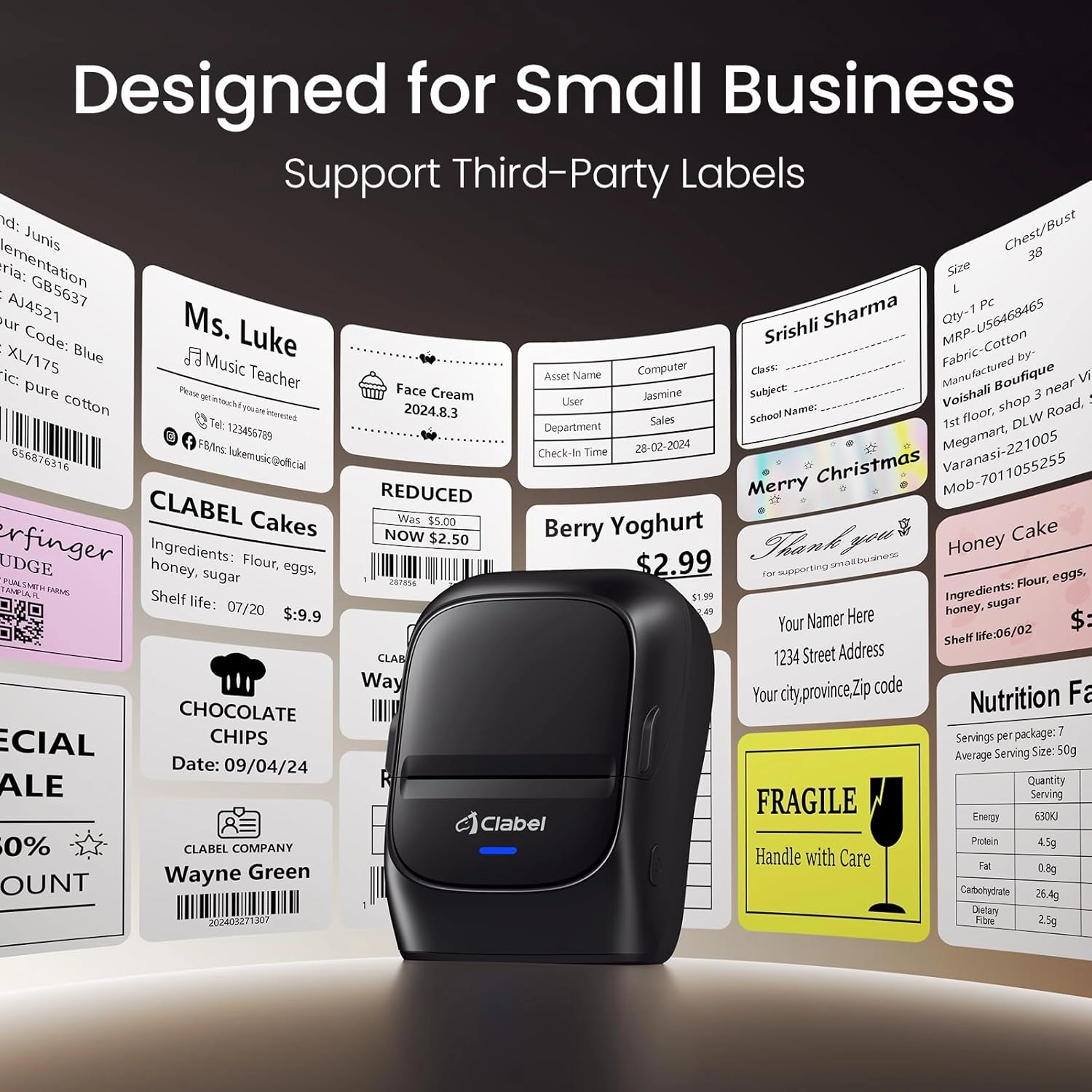CLABEL Thermal Label Maker Machine: 221B Bluetooth Label Maker Machine with Tape Mini Sticker Printer Barcode Printer Compatible with Smartphone with 3 Roll 40x30mm,50x30mm,50x80mm Label (Black)