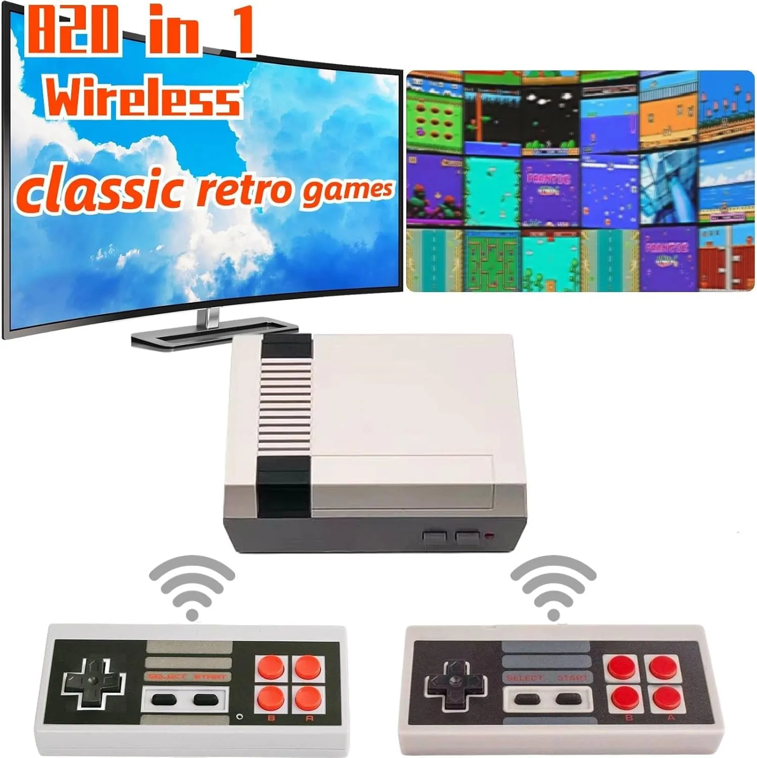 Classic Mini Retro Game Console Built 820 Video Games,Av Output Video Game System with Dual Wireless Came Controllers. (Black-Grey)