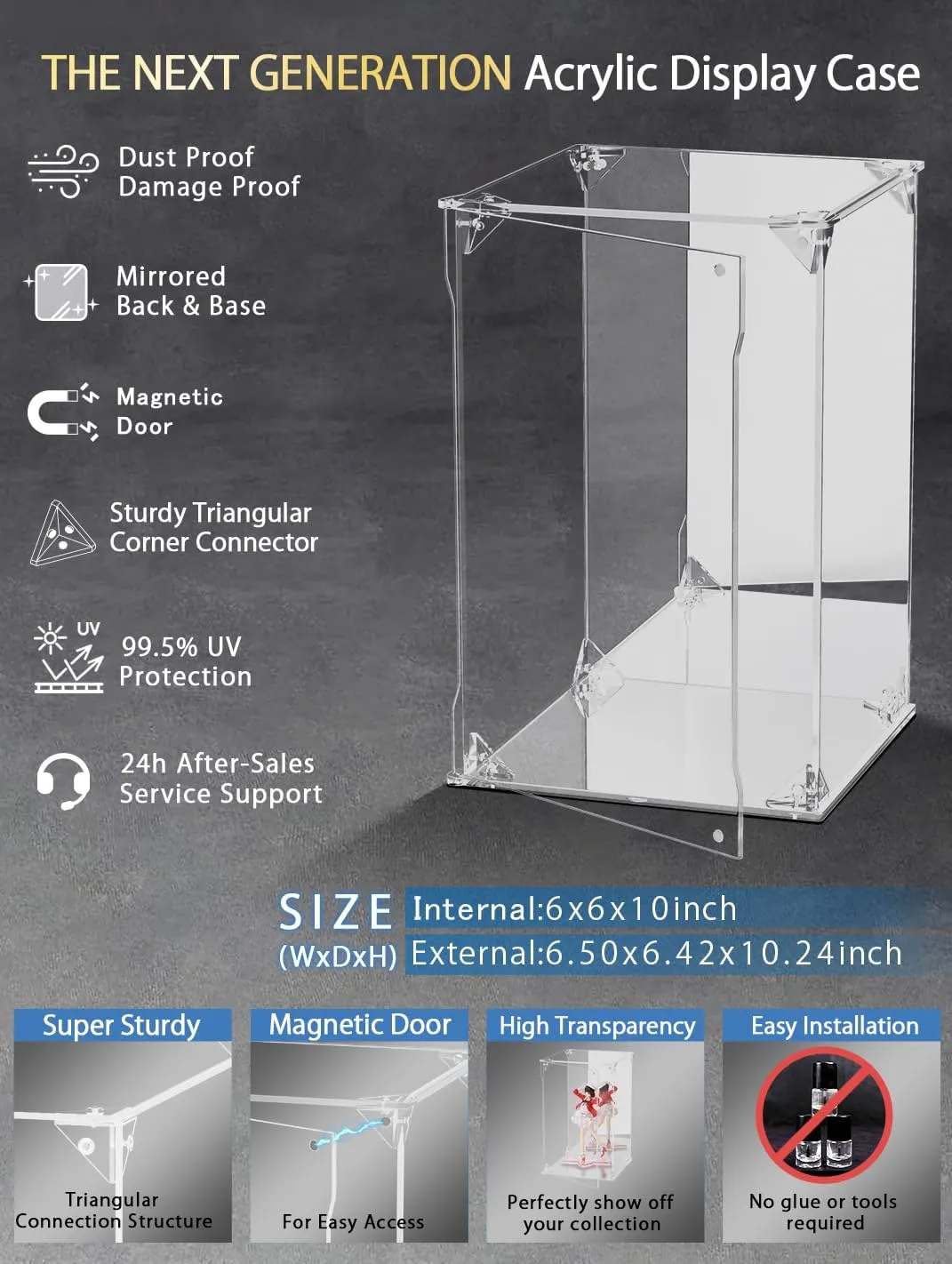 Clear Acrylic Display Case with Mirrored Back and Base, UV Protected Acrylic Box with Magnetic Door, Dustproof Display Box Showcase for Collectibles, Figures, Models, Toys (6x6x10inch)
