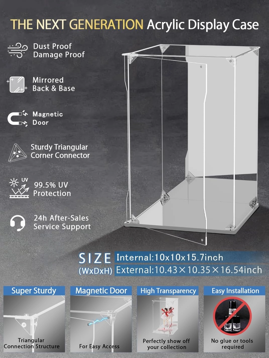 Clear Acrylic Display Case with Mirrored Back and Base, UV Protected Acrylic Box with Magnetic Door, Dustproof Display Box Showcase for Collectibles, Figures, Models, Toys (10x10x15.7inch)