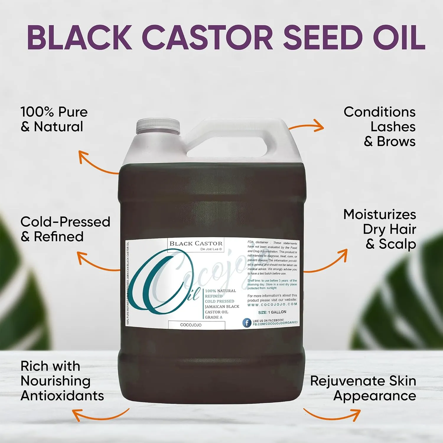 cocojojo Jamaican Black Castor Oil - Organically Sourced, Cold Pressed, Virgin, Premium Grade A for Hair Growth, Skin, and Eyelashes (1 gallon)