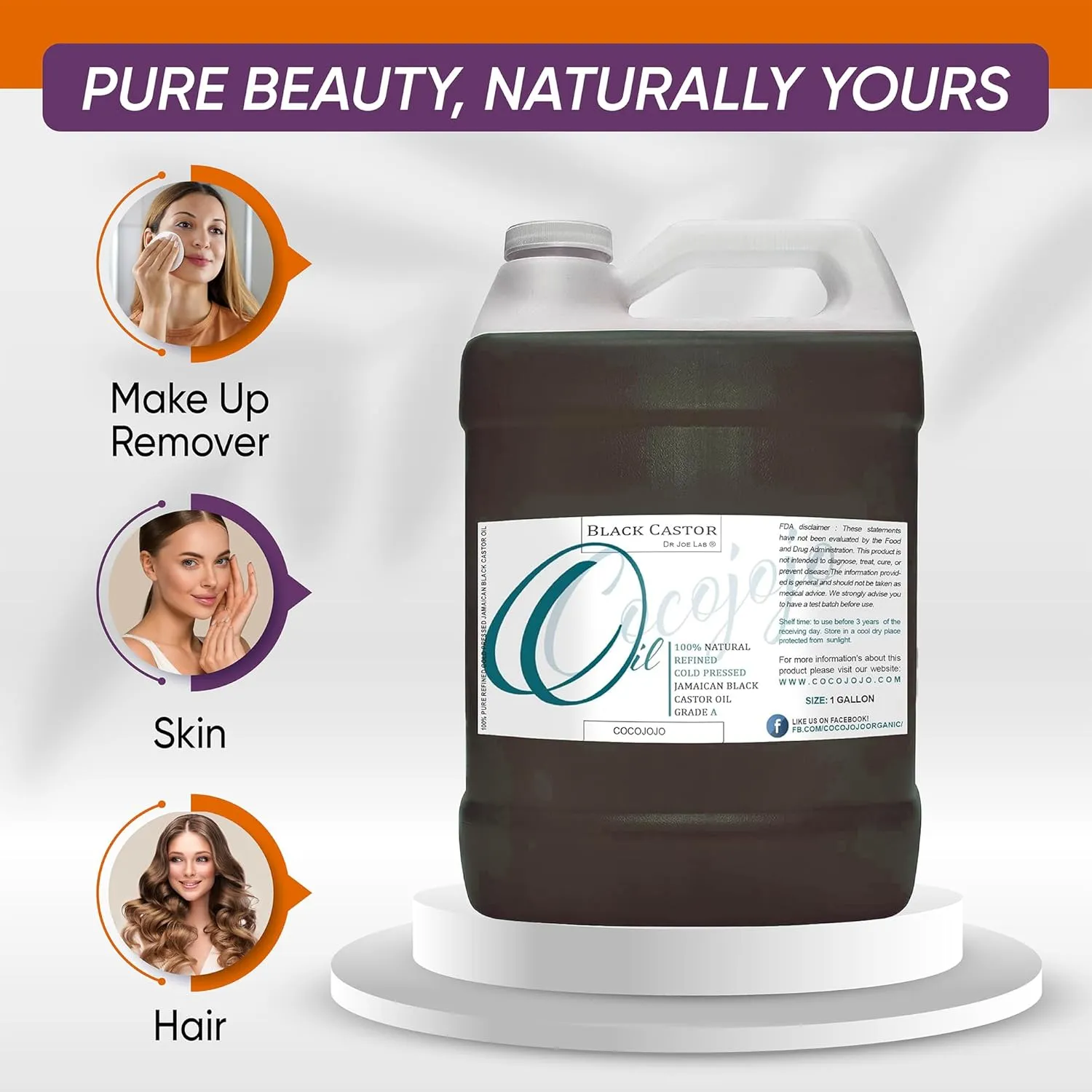 cocojojo Jamaican Black Castor Oil - Organically Sourced, Cold Pressed, Virgin, Premium Grade A for Hair Growth, Skin, and Eyelashes (1 gallon)