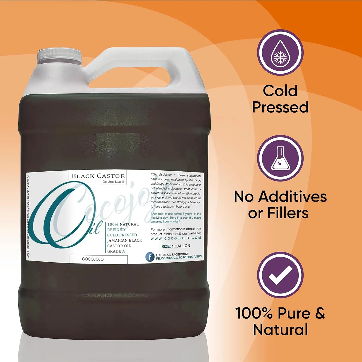 cocojojo Jamaican Black Castor Oil - Organically Sourced, Cold Pressed, Virgin, Premium Grade A for Hair Growth, Skin, and Eyelashes (1 gallon)