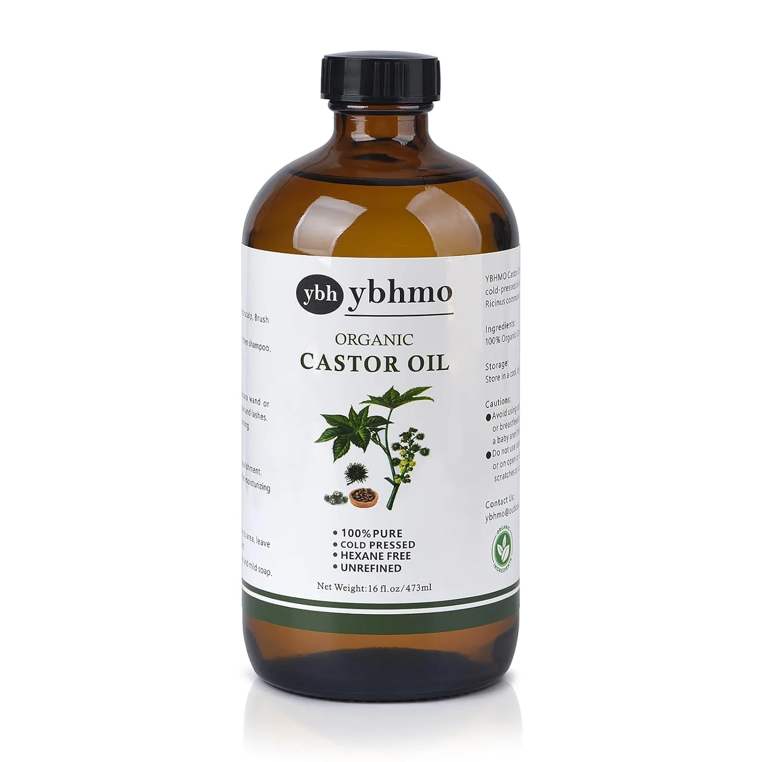 Cold Pressed Castor Oil Organic Glass Bottle(16 Fl Oz),100% Pure &Hexane Free, Castor Oil for Hair Growth & Care, Thicker Eyelashes & Eyebrows,Castor oil pack & Moisturize Body Skin