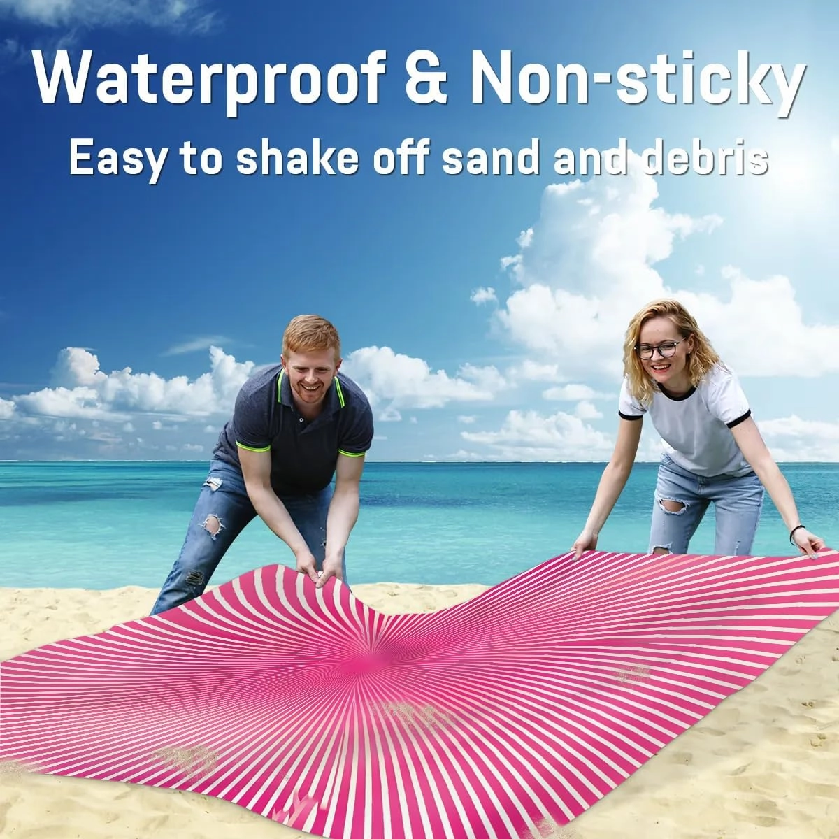 Colored Swirl Beach Blanket, Sandproof Beach Mat, 68 x 59 Waterproof Quick Drying Sand Free Mat with 4 x Ground Spikes for Outdoor Travel Camping Hiking, Modern Bright Rays