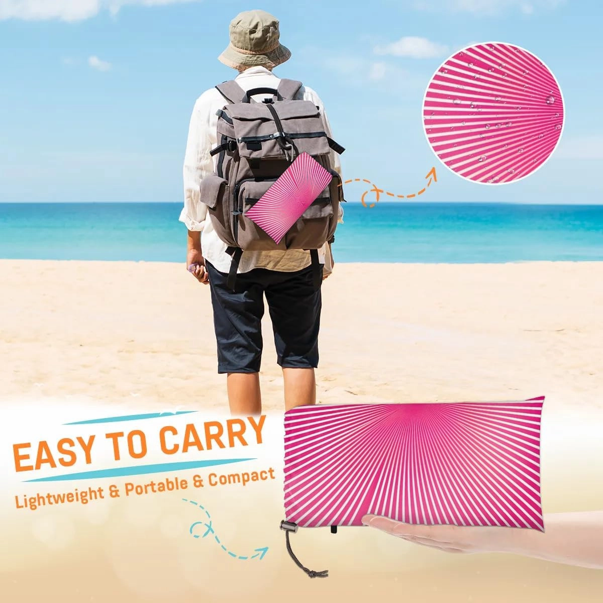 Colored Swirl Beach Blanket, Sandproof Beach Mat, 68 x 59 Waterproof Quick Drying Sand Free Mat with 4 x Ground Spikes for Outdoor Travel Camping Hiking, Modern Bright Rays