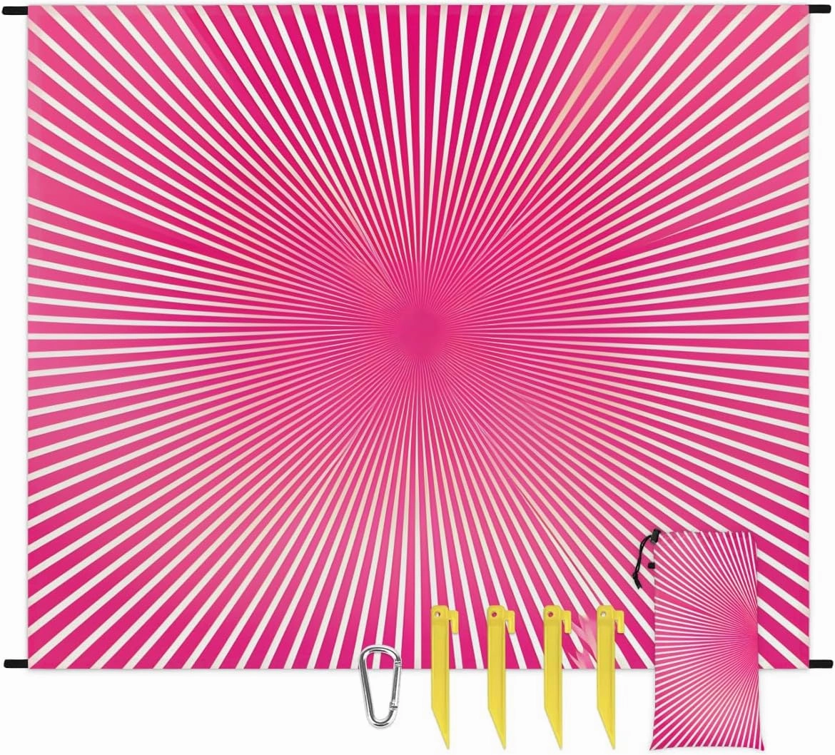 Colored Swirl Beach Blanket, Sandproof Beach Mat, 68 x 59 Waterproof Quick Drying Sand Free Mat with 4 x Ground Spikes for Outdoor Travel Camping Hiking, Modern Bright Rays