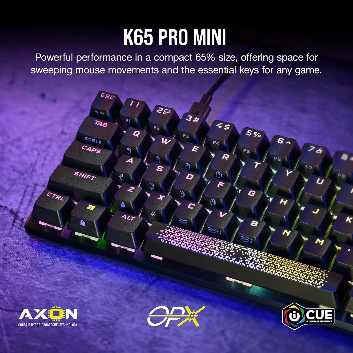 Corsair K65 PRO Mini RGB 65% Optical-Mechanical Wired Gaming Keyboard - OPX Switches - PBT Double-Shot Keycaps - iCUE Compatible - QWERTY NA Layout - Black (Renewed)