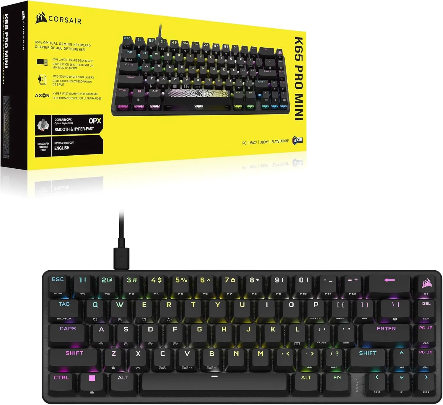 Corsair K65 PRO Mini RGB 65% Optical-Mechanical Wired Gaming Keyboard - OPX Switches - PBT Double-Shot Keycaps - iCUE Compatible - QWERTY NA Layout - Black (Renewed)