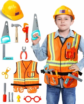 Cosmic Chameleon Construction Toys - 13Pc Pretend Play Set with Kids Construction Hat, Vest & More - Boys & Girls Tool Set - Halloween Costume, Birthday Gift
