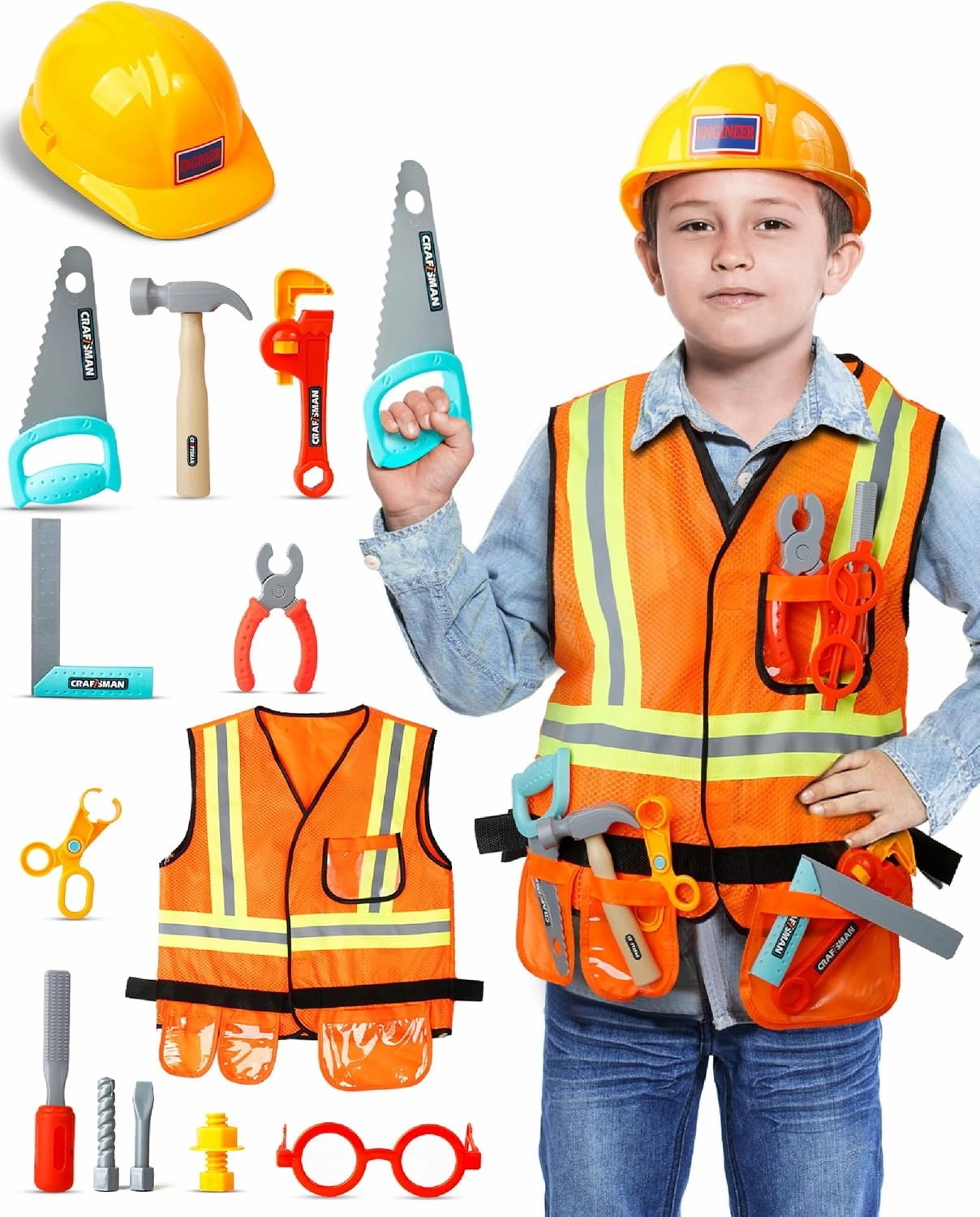Cosmic Chameleon Construction Toys - 13Pc Pretend Play Set with Kids Construction Hat, Vest & More - Boys & Girls Tool Set - Halloween Costume, Birthday Gift