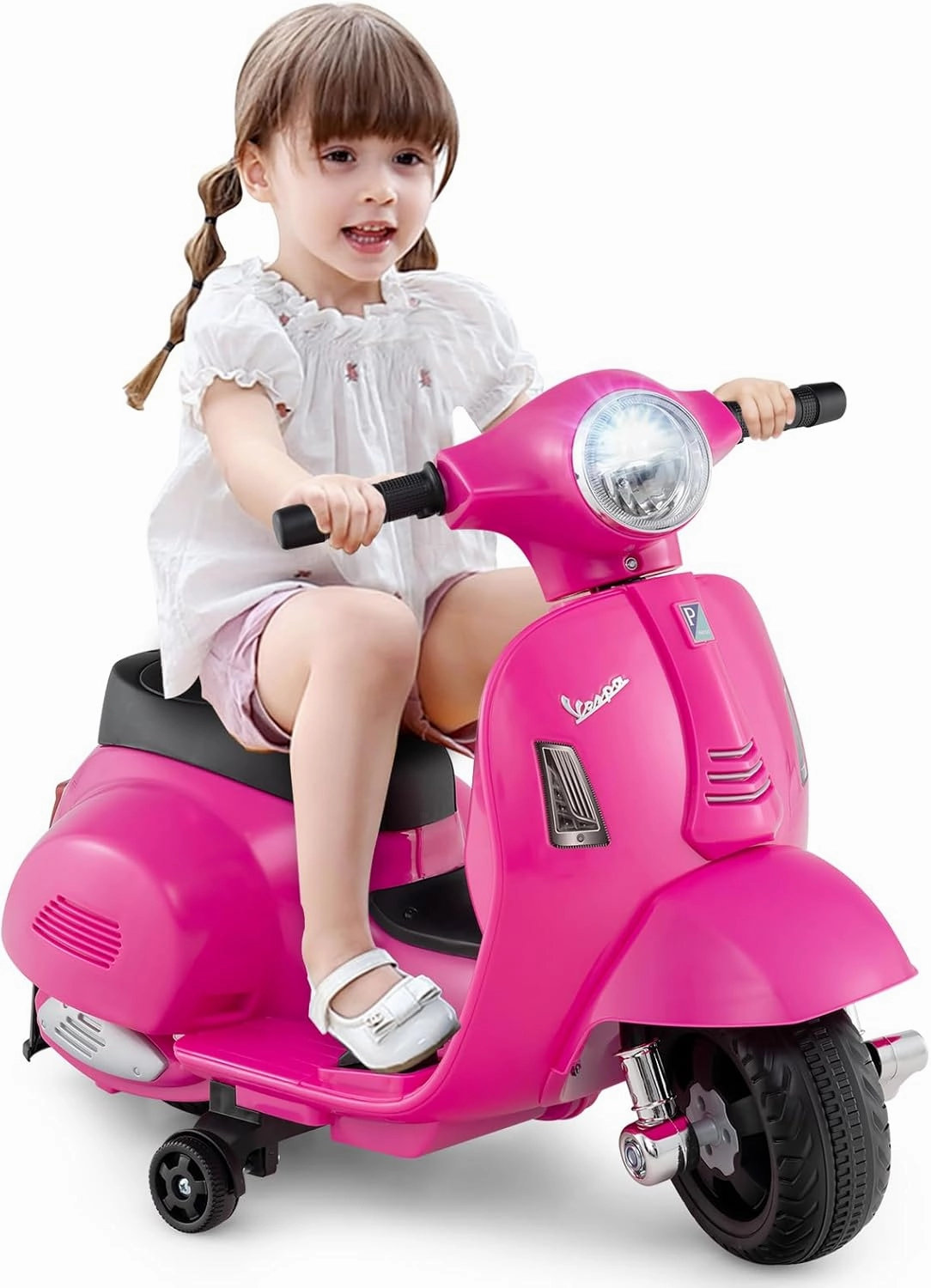 Costzon Toddler Motorcycle, Licensed Vespa Ride on Motorcycle with Training Wheels, LED Headlight & Horn Sound, Ride on Toy, 6V Battery Powered Motorbike, Gift for Boys & Girls, 1-3 Toddlers (Pink)