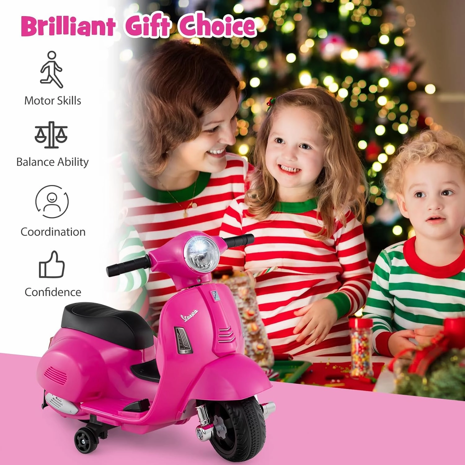 Costzon Toddler Motorcycle, Licensed Vespa Ride on Motorcycle with Training Wheels, LED Headlight & Horn Sound, Ride on Toy, 6V Battery Powered Motorbike, Gift for Boys & Girls, 1-3 Toddlers (Pink)