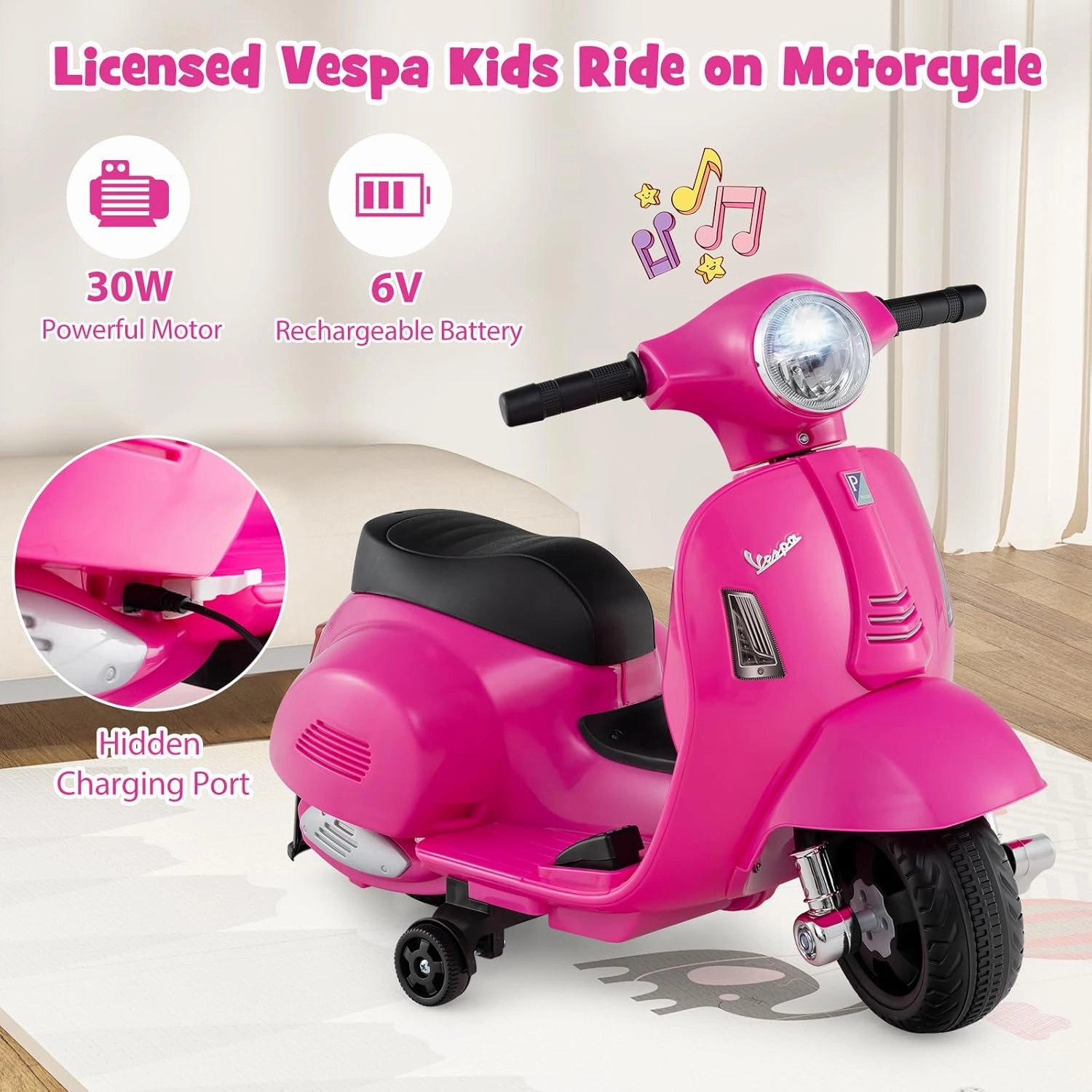 Costzon Toddler Motorcycle, Licensed Vespa Ride on Motorcycle with Training Wheels, LED Headlight & Horn Sound, Ride on Toy, 6V Battery Powered Motorbike, Gift for Boys & Girls, 1-3 Toddlers (Pink)