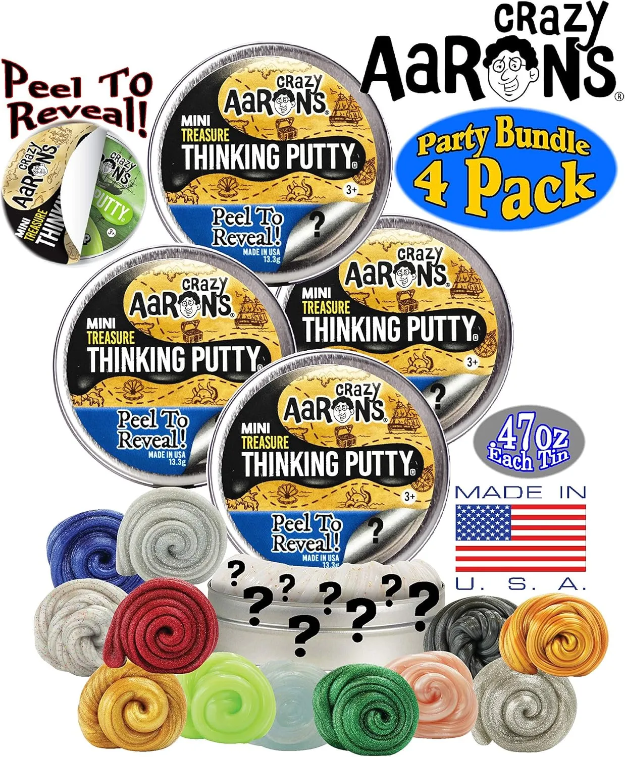 Crazy Aaron's Putty Mini Tins Treasure Surprise Peel to Reveal (Collect All 12 Colors) Gift Set Party Bundle - 4 Pack (.47oz Each) *Items are Assorted and May Contain Duplicates
