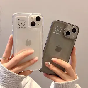 creamtopmall Cute Clear Happy Day Words of Inspiration Cartoon Bear Apple Logo Design Protective Shockproof Phone Case for iPhone 11 12 13 14 15 Pro Max
