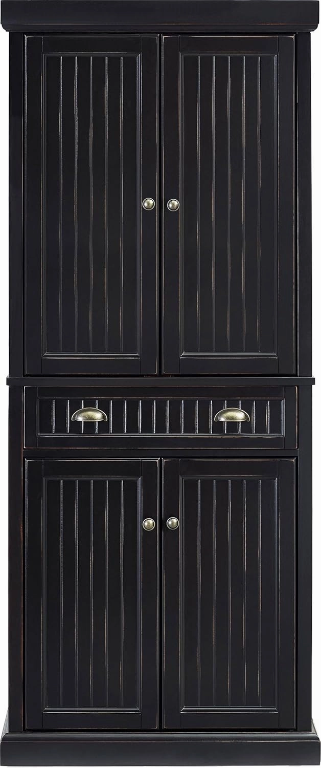 Crosley Furniture Seaside Coastal Pantry Storage Cabinet with Shelves, Kitchen, Dining, or Laundry Room, Distressed Black