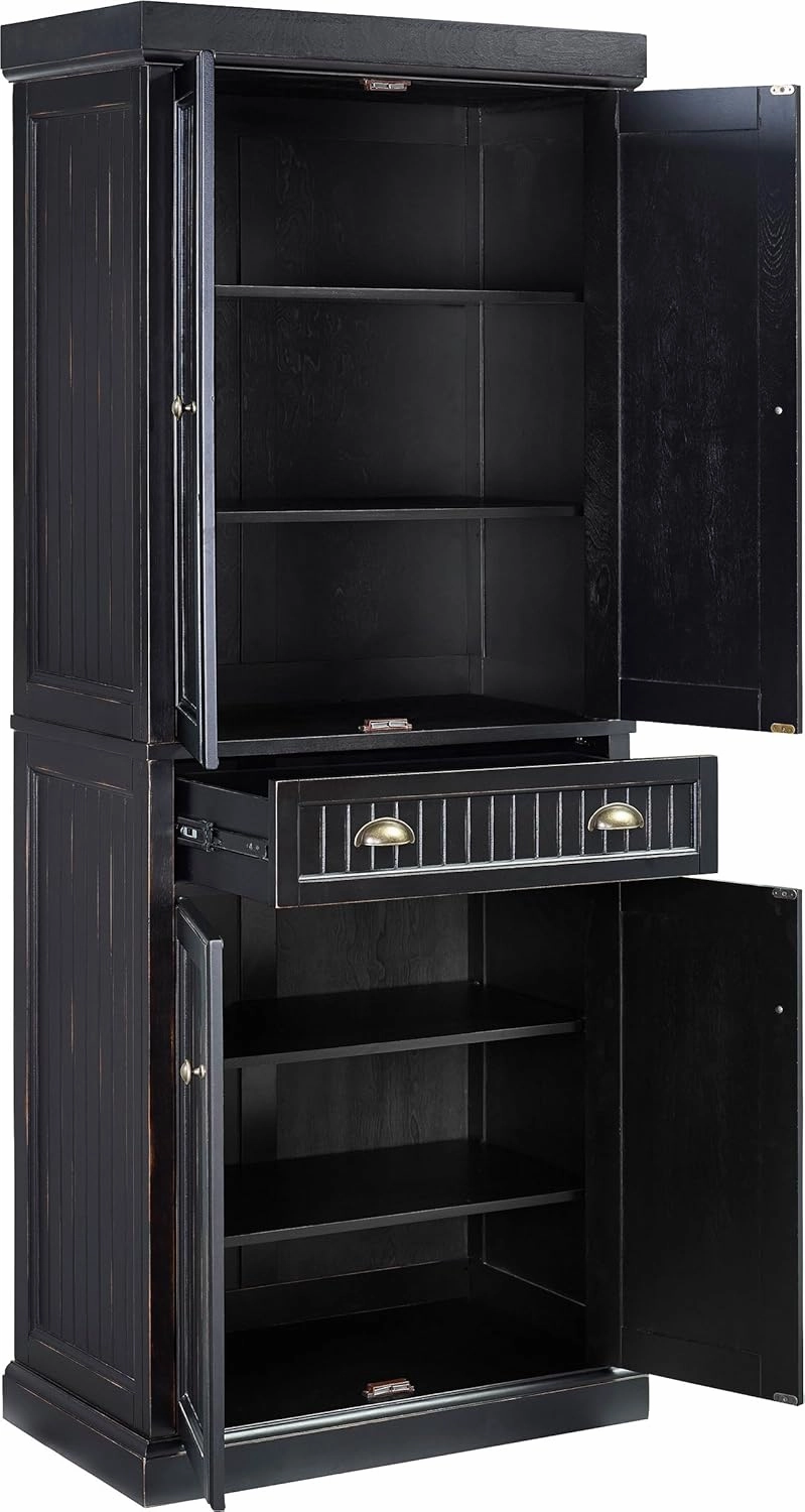 Crosley Furniture Seaside Coastal Pantry Storage Cabinet with Shelves, Kitchen, Dining, or Laundry Room, Distressed Black