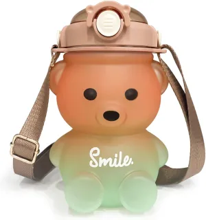 Cute Bear Water Bottle with Strap and Straw, 32oz Kawaii Kids Water Bottles, Leak-proof Plastic Drinking Cups for Girls Women School Sports Camping Picnic Hiking Travel (Brown-green)