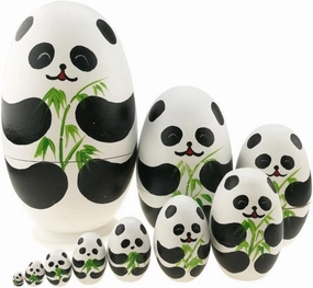 Cute Animal Theme Black and White Panda Egg Shape Wooden Handmade Nesting Dolls Matryoshka Dolls Set 10 Pieces for Kids Toy Birthday Home Kids Room Decoration