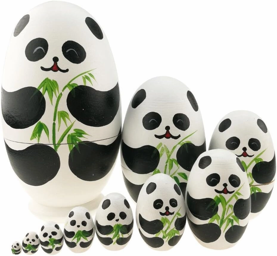 Cute Animal Theme Black and White Panda Egg Shape Wooden Handmade Nesting Dolls Matryoshka Dolls Set 10 Pieces for Kids Toy Birthday Home Kids Room Decoration