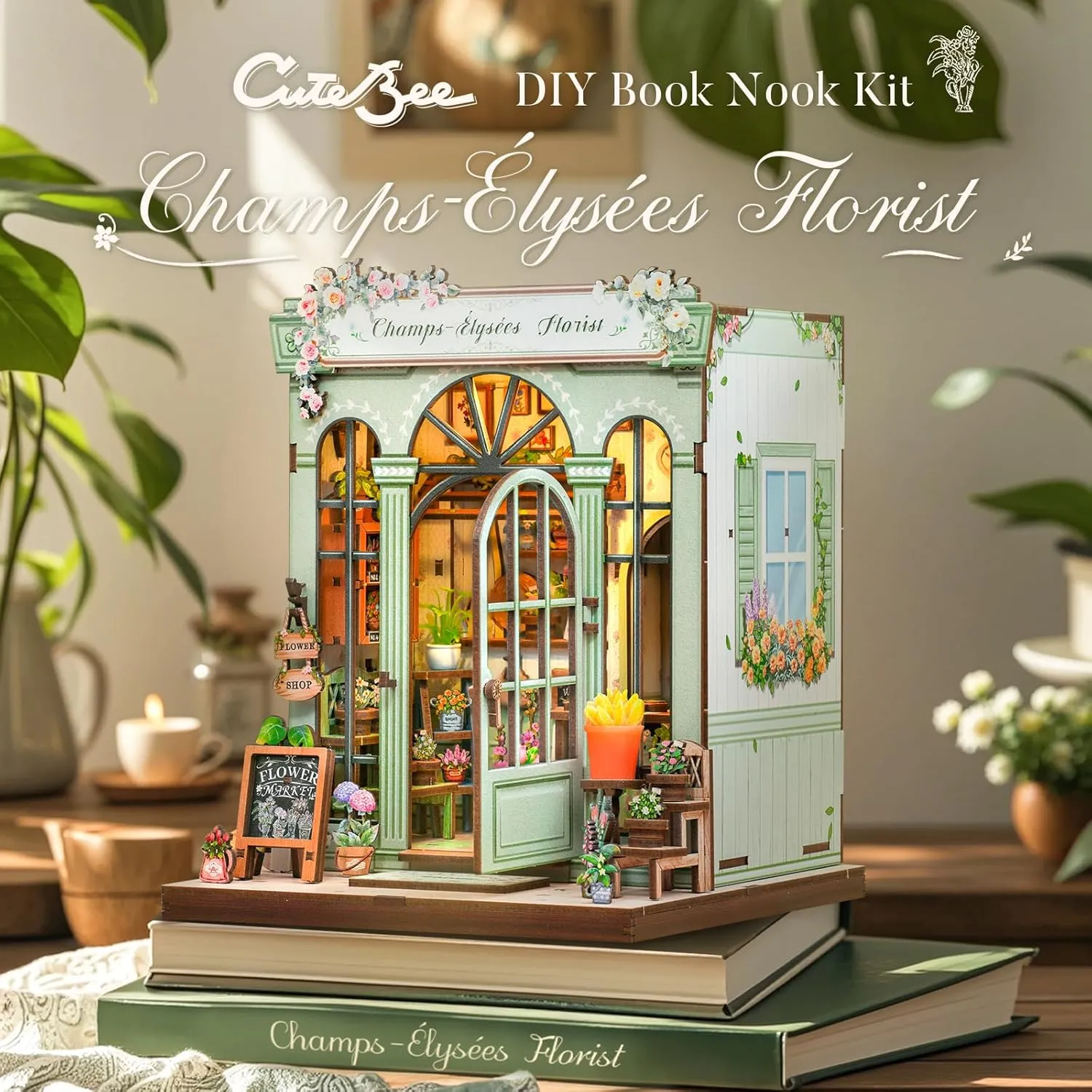 CUTEBEE Book Nook Kit - DIY Miniature House Dollhouse Kit for Adults and Teens, Booknook Tiny House Bookshelf Decor 3D Wooden Puzzle, Gifts for Family, Friends (Champs-Élysées Florist)