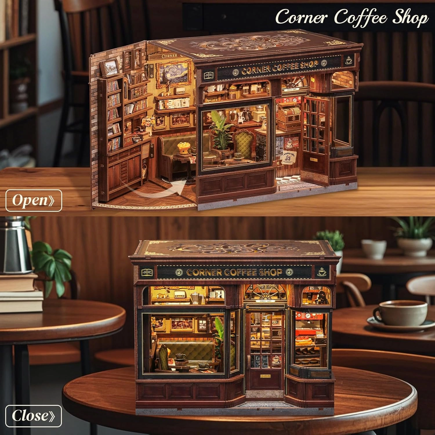 CUTEBEE Book Nook Kit - DIY Miniature House Dollhouse Kit for Adults and Teens, Booknook Tiny House Bookshelf Decor 3D Wooden Puzzle, Gifts for Family, Friends (Corner Coffee Shop)