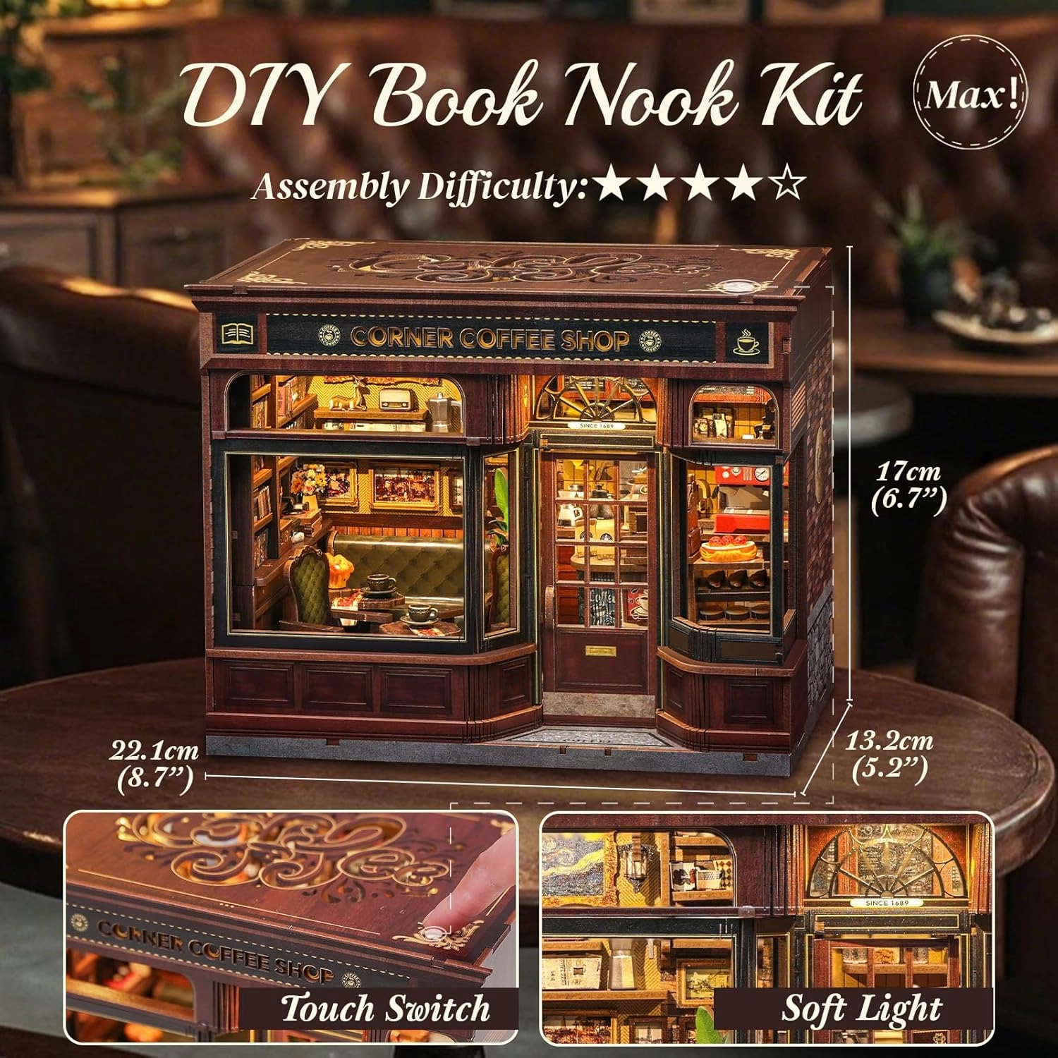CUTEBEE Book Nook Kit - DIY Miniature House Dollhouse Kit for Adults and Teens, Booknook Tiny House Bookshelf Decor 3D Wooden Puzzle, Gifts for Family, Friends (Corner Coffee Shop)