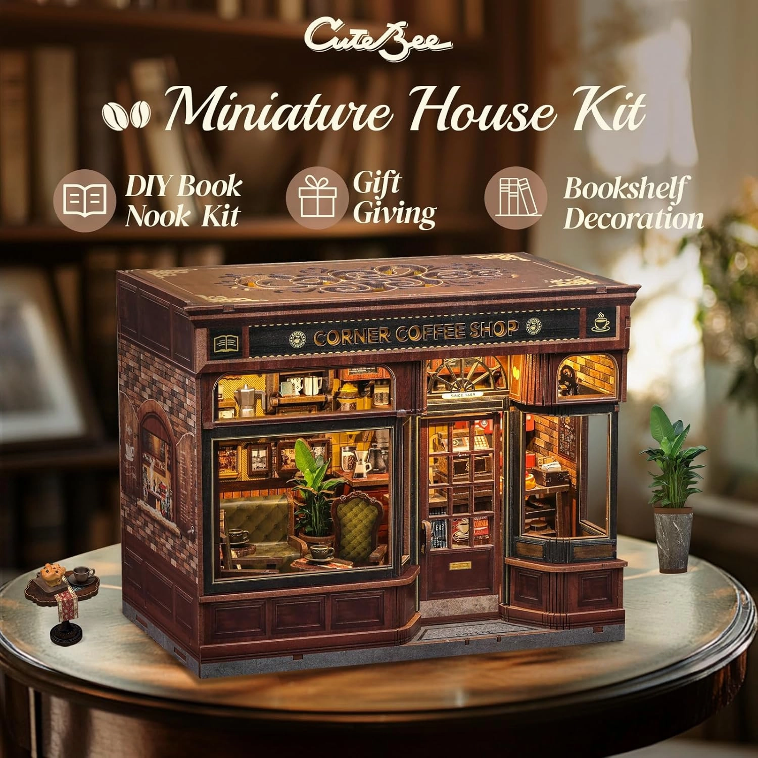 CUTEBEE Book Nook Kit - DIY Miniature House Dollhouse Kit for Adults and Teens, Booknook Tiny House Bookshelf Decor 3D Wooden Puzzle, Gifts for Family, Friends (Corner Coffee Shop)