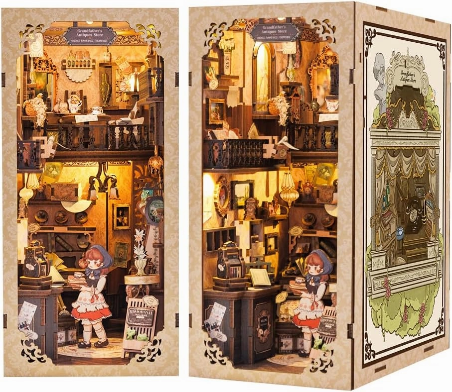 CUTEBEE Book Nook Kit - DIY Miniature House Dollhouse Kit for Adults and Teens, Booknook Tiny House Bookshelf Decor 3D Wooden Puzzle, Gifts for Family Friends (Grandpa's Antique Shop)