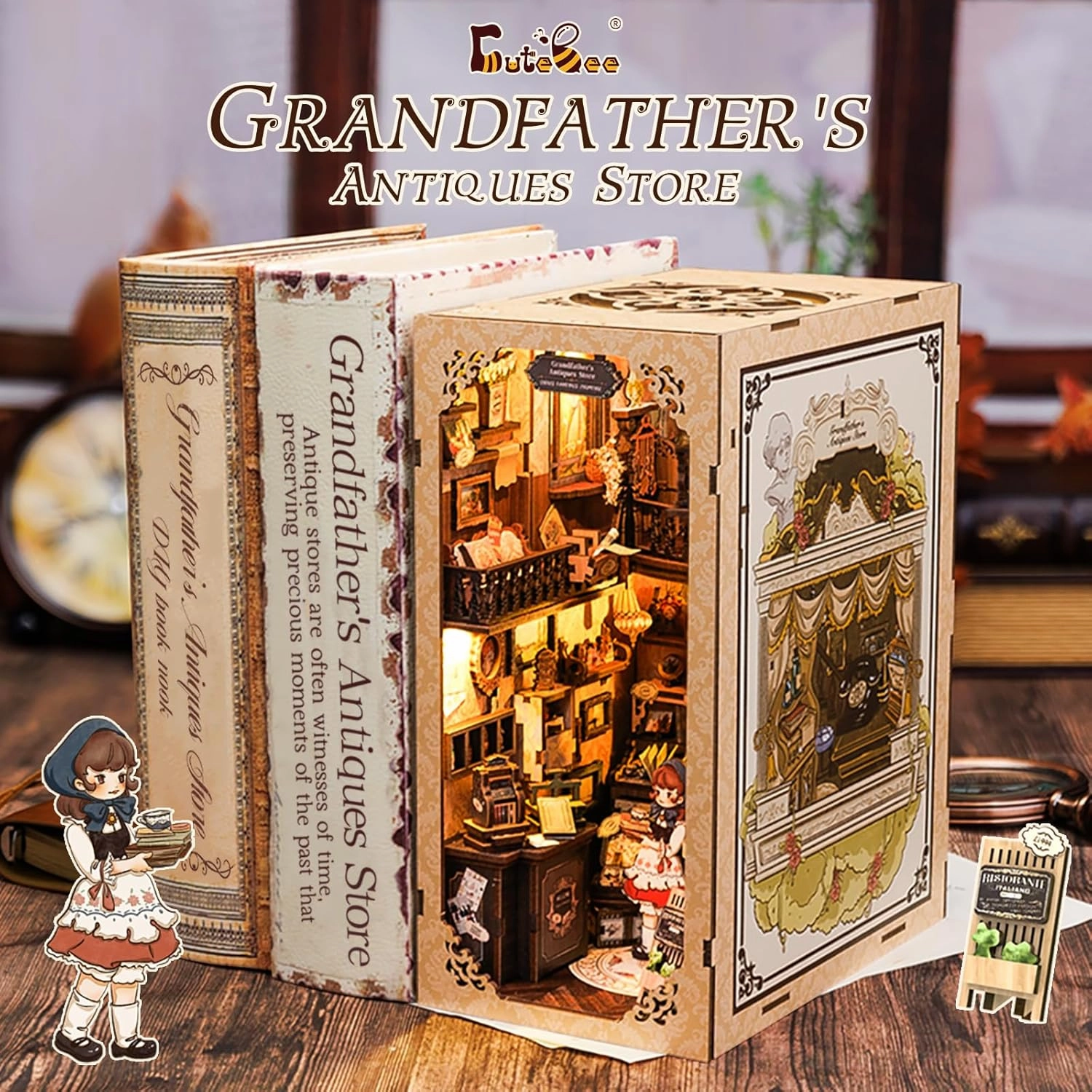 CUTEBEE Book Nook Kit - DIY Miniature House Dollhouse Kit for Adults and Teens, Booknook Tiny House Bookshelf Decor 3D Wooden Puzzle, Gifts for Family Friends (Grandpa's Antique Shop)