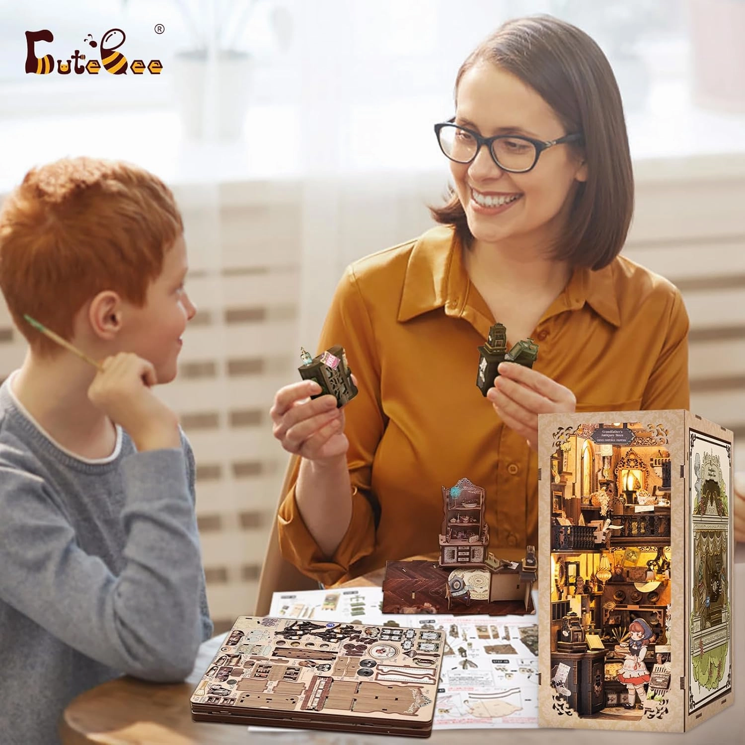 CUTEBEE Book Nook Kit - DIY Miniature House Dollhouse Kit for Adults and Teens, Booknook Tiny House Bookshelf Decor 3D Wooden Puzzle, Gifts for Family Friends (Grandpa's Antique Shop)