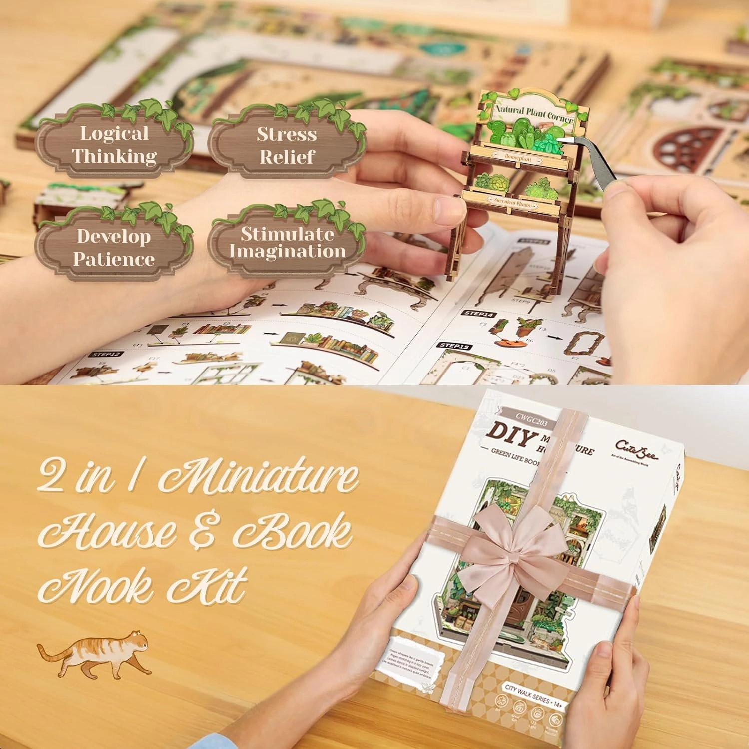 CUTEBEE Book Nook Kit - DIY Miniature House Dollhouse Kit for Adults and Teens, Booknook Tiny House Bookshelf Decor 3D Wooden Puzzle, Gifts for Family Friends (Green Life Bookshop)
