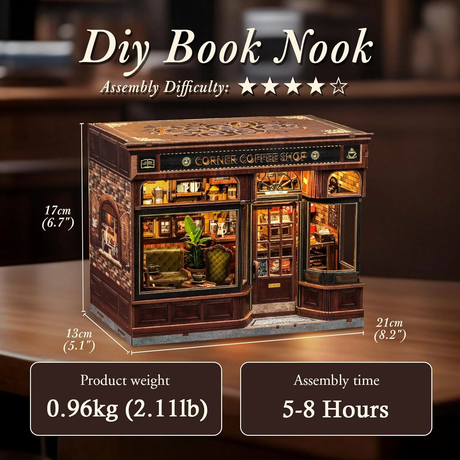 CUTEBEE Book Nook Kit, DIY Miniature House Kits for Adult and Teens, Dollhouse Booknook Tiny House, Bookshelf 3D Wooden Puzzle, DIY Craft Gifts for Family and Friends (Corner Coffee Shop)