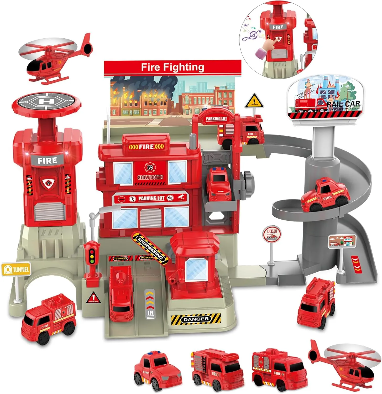deAO Fire Station with Fire Truck Set Firefighting Playset Pretend Play Toy with Car, Helicopter and Accessories, Preschool Learning Educational Toys for Toddllers