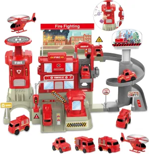 deAO Fire Station with Fire Truck Set Firefighting Playset Pretend Play Toy with Car, Helicopter and Accessories, Preschool Learning Educational Toys for Toddllers