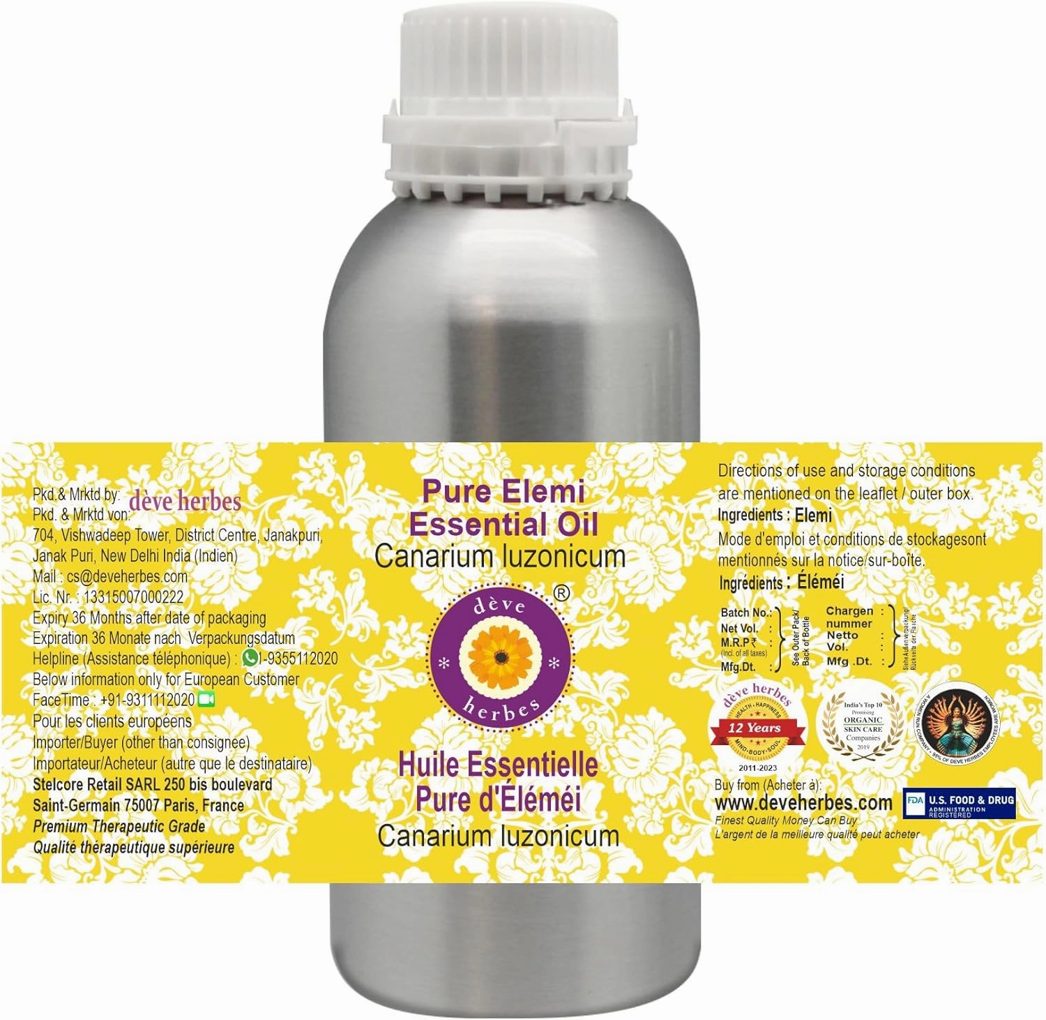 Deve Herbes Pure Elemi Essential Oil (Canarium luzonicum) Steam Distilled 630ml (21 oz)