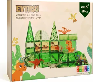 Dinosaur Magnetic Tiles, 60 PCS Magnet Building Block for Toddler Sensory Toys, STEM Educational Stack Magnetic Blocks, Dino World Games Toy Set for Boys Girls Kids Age 3 4 5 6 7 8
