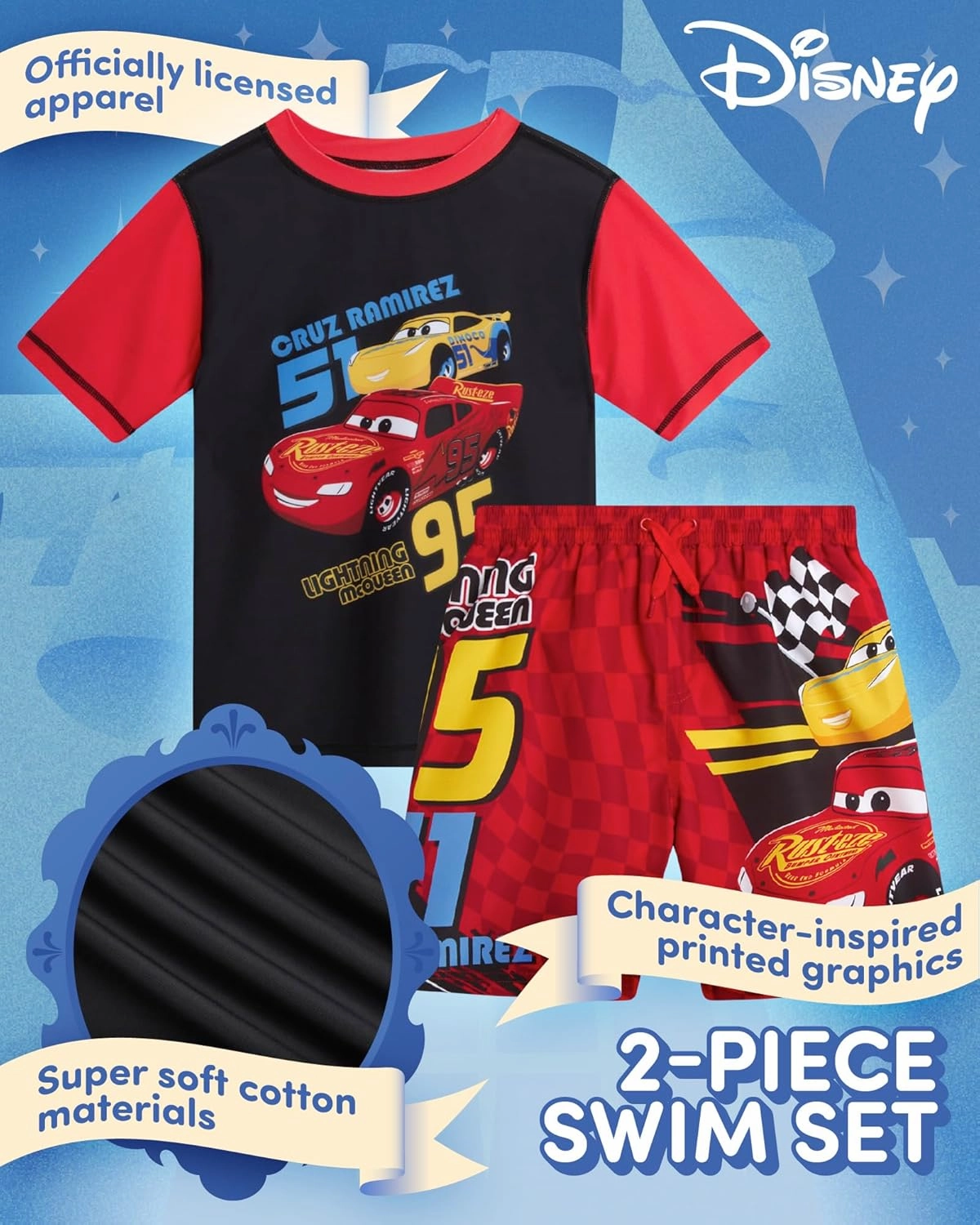 Disney Boys Rash Guard Set - 2 Piece Mickey Mouse, Cars Lighting McQueen, and Buzz Lightyear UP50  Swim Set for Boys (2T-7)