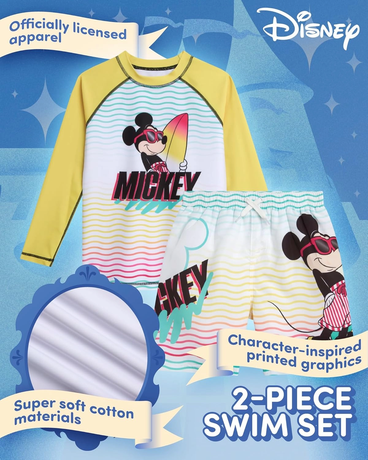 Disney Boys Rash Guard Set - 2 Piece Mickey Mouse, Cars Lighting McQueen, and Buzz Lightyear UP50  Swim Set for Boys (2T-7)